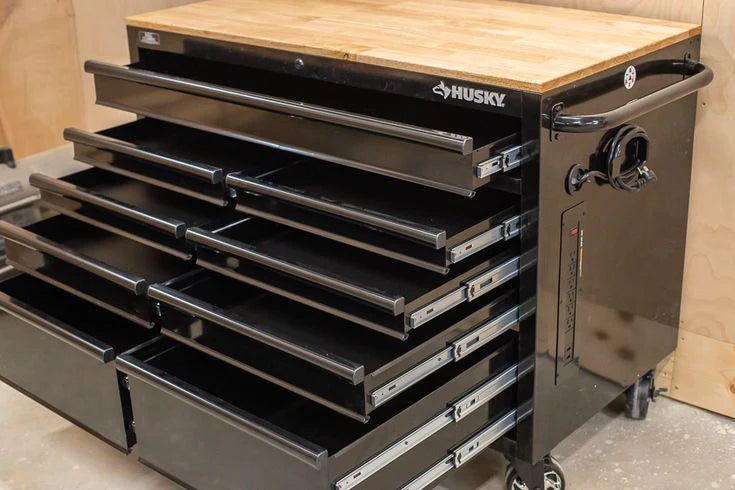 46-in W x 24.5-in D 9-Drawer Mobile Workbench with Hardwood Top and Power Station Gloss Black
