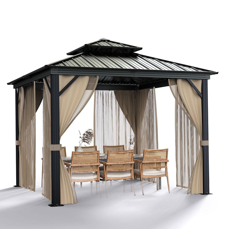 10'x10′ Hardtop Gazebo with double metal roof, aluminum frame, net, and curtain. All-weather, ideal for patio, deck, garden, backyard. Khaki.