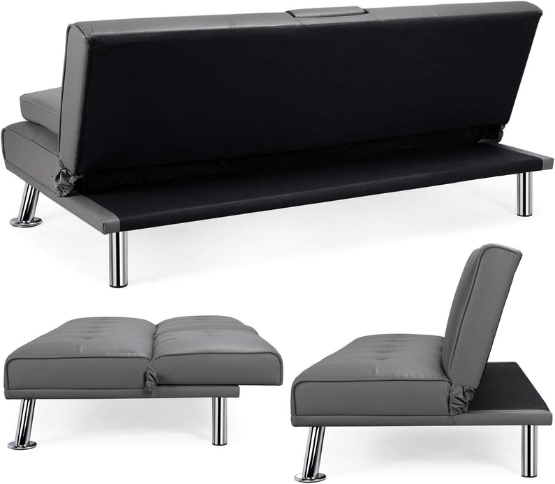 Yaheetech Convertible Sofa Bed Adjustable Couch Sleeper Modern Faux Leather Home Recliner Reversible Loveseat Folding Daybed Guest Bed, Removable Armrests, Cup Holders, 3 Angles, 772lb Capacity, Black