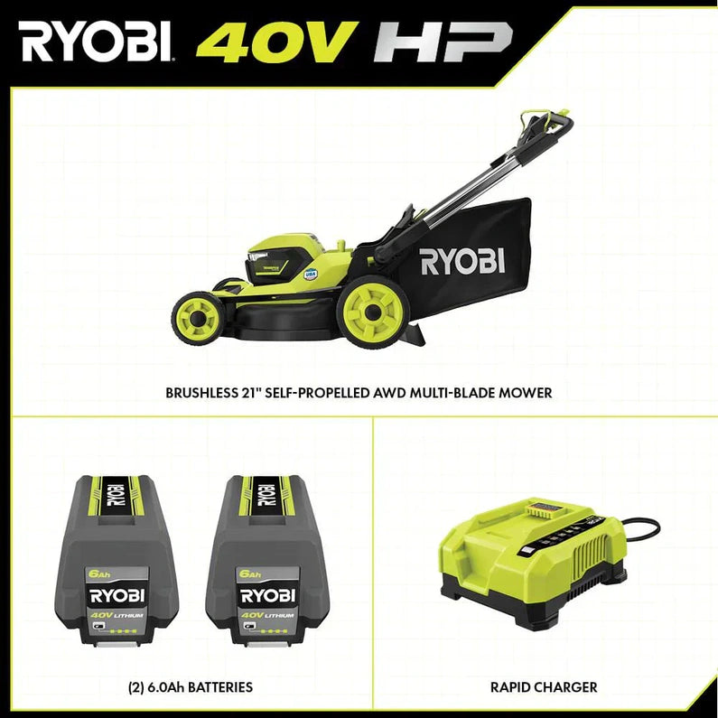 Ryobi 40V HP Brushless 21-in Self-Propelled AWD Lawn Mower Whisper Series ncludes (2) 6.0Ah Batteries and Charger