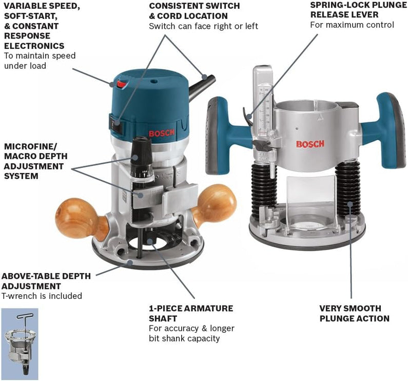 BOSCH 1617EVSPK Wood 12 Amp Router Tool Combo Kit 2.25 Horsepower Plunge Router & Fixed Base with a Variable Speed