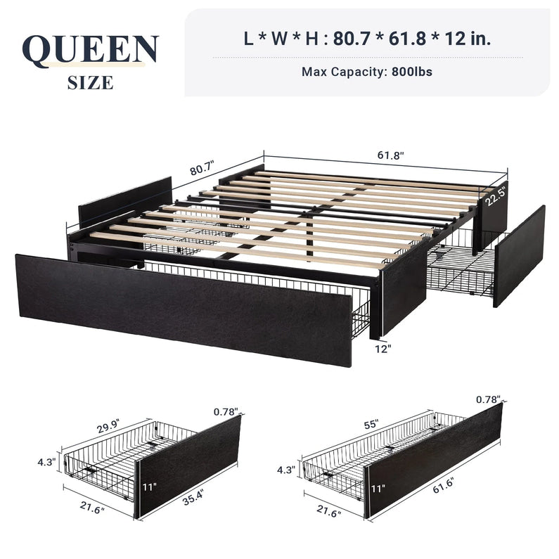 Allewie Queen Size Platform Bed Frame with 3 Storage Drawers