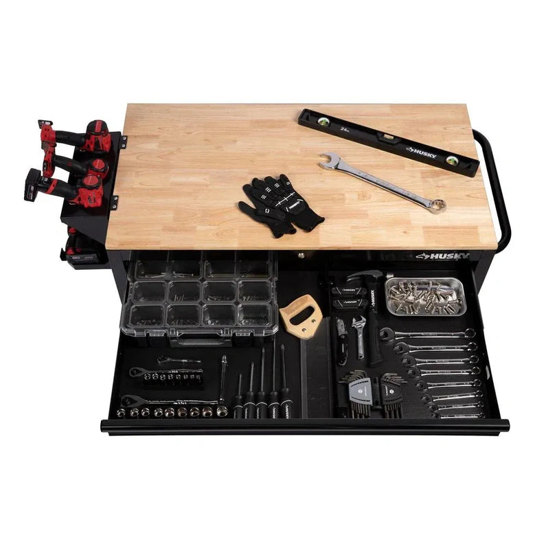 46-in W x 24.5-in D 9-Drawer Mobile Workbench with Hardwood Top and Power Station Gloss Black