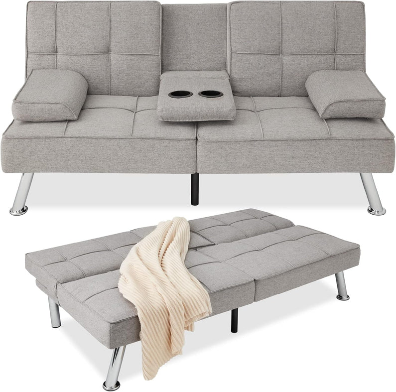 Best Choice Products Linen Upholstered Modern Convertible Folding Futon Sofa Bed for Compact Living Space, Apartment, Dorm, Bonus Room w/Removable Armrests, Metal Legs, 2 Cupholders - Gray