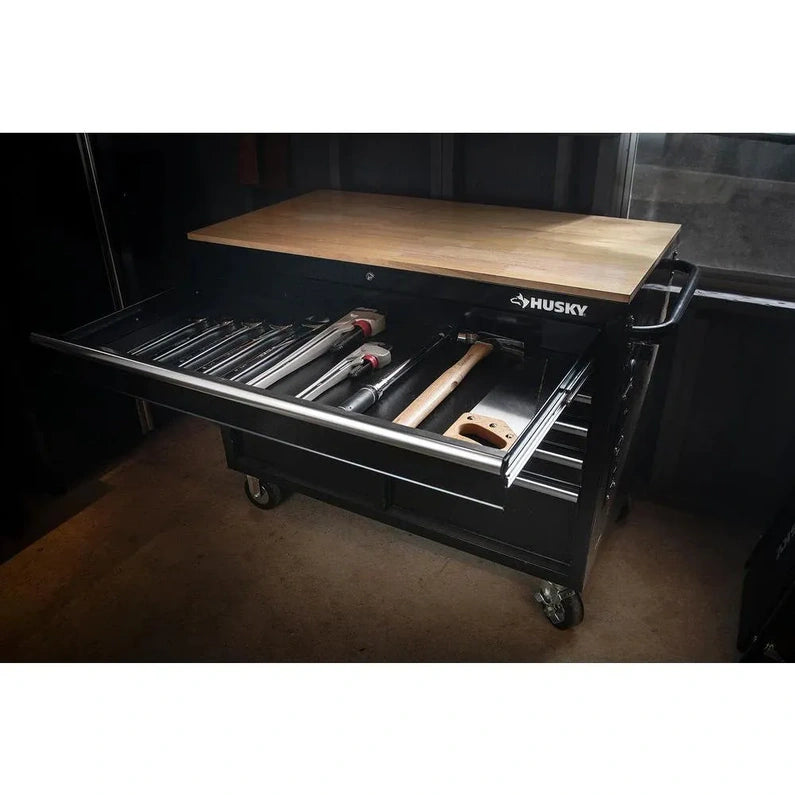 46-in W x 24.5-in D 9-Drawer Mobile Workbench with Hardwood Top and Power Station Gloss Black